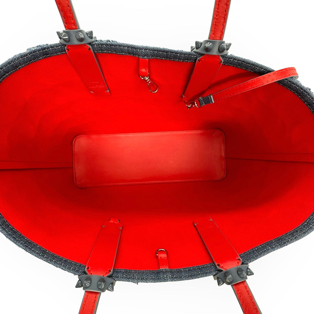 CHRISTIAN LOUBOUTIN: Denim Embroidered Spiked Cabata Tote