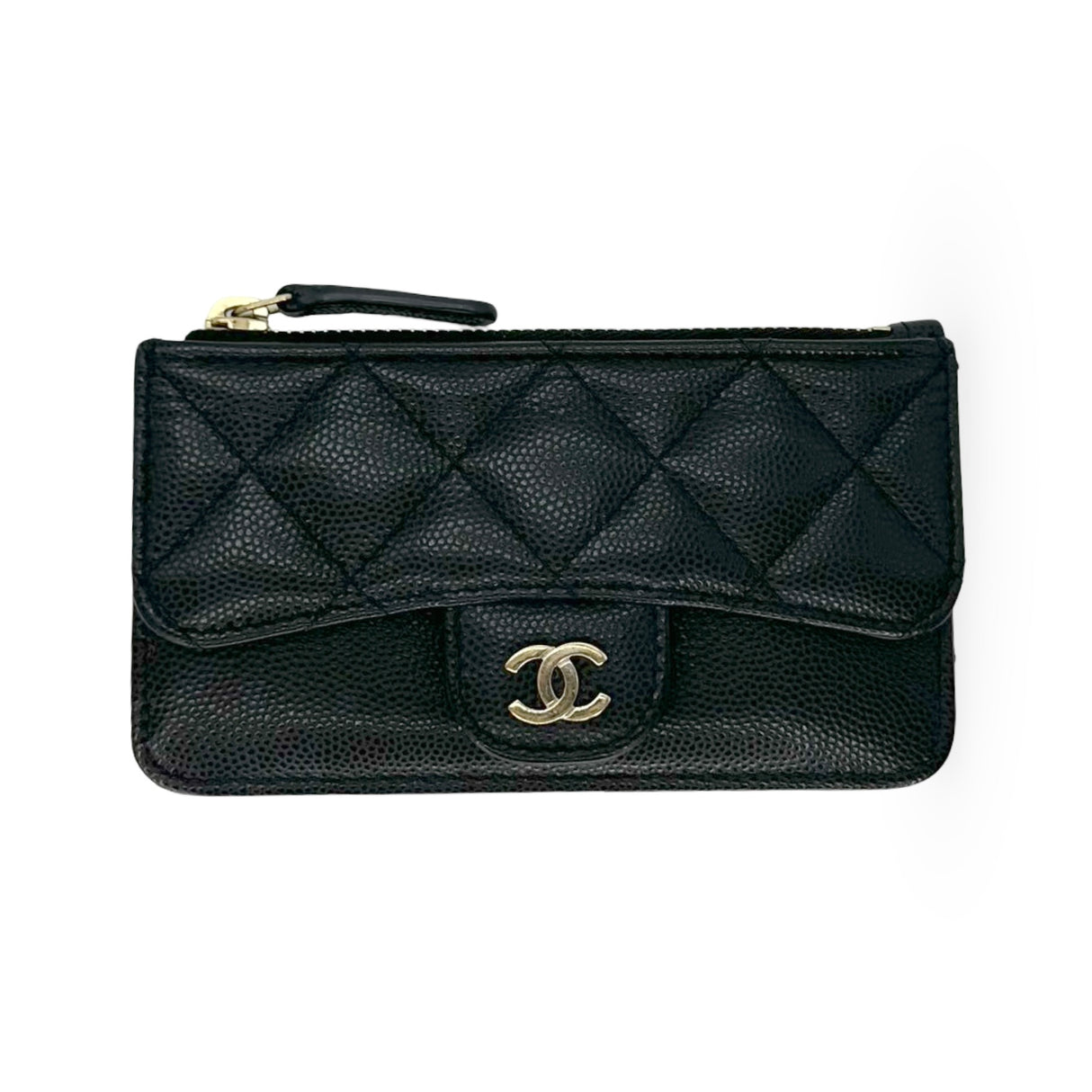 CHANEL: Quilted Caviar Flap Zip Card Holder