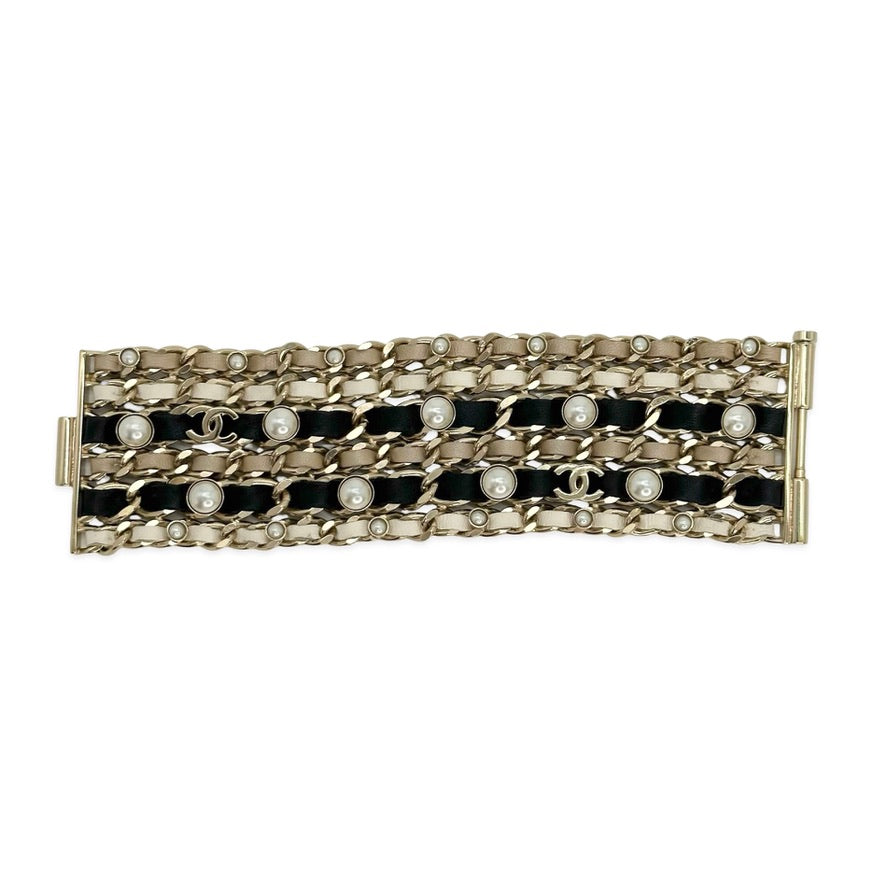 CHANEL: Leather Woven Chain and Pearl Bracelet