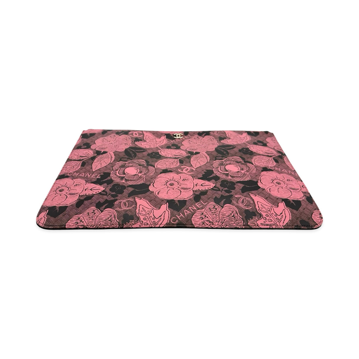 CHANEL: Printed Lambskin Floral Large Zip Pouch