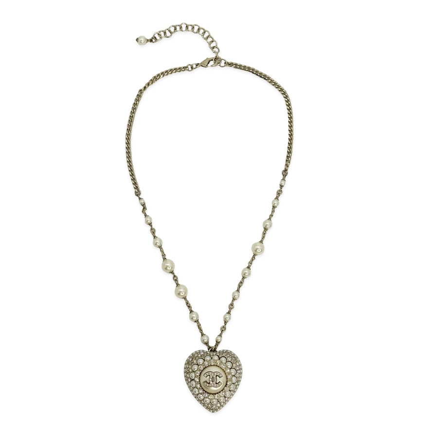 CHANEL: Crystal Pearl CC Heart Chain Necklace