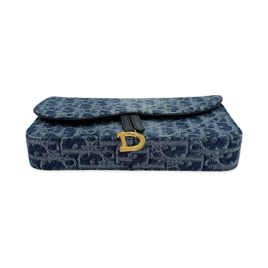 Oblique Denim Saddle Pouch with Chain