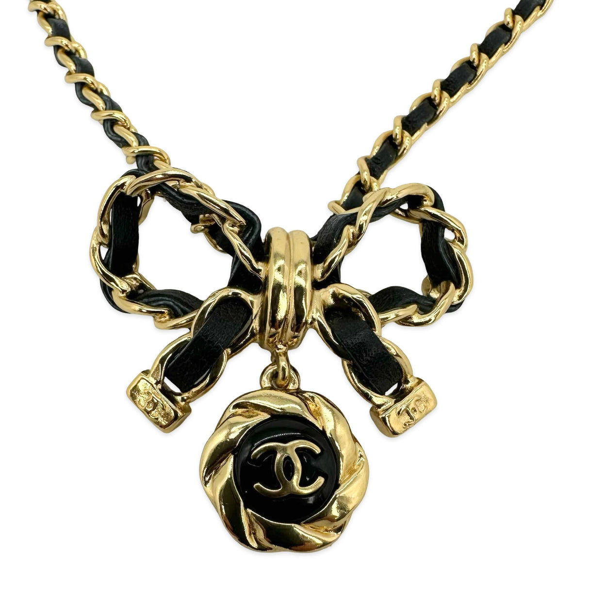 CHANEL: Leather Woven Chain Bow Necklace
