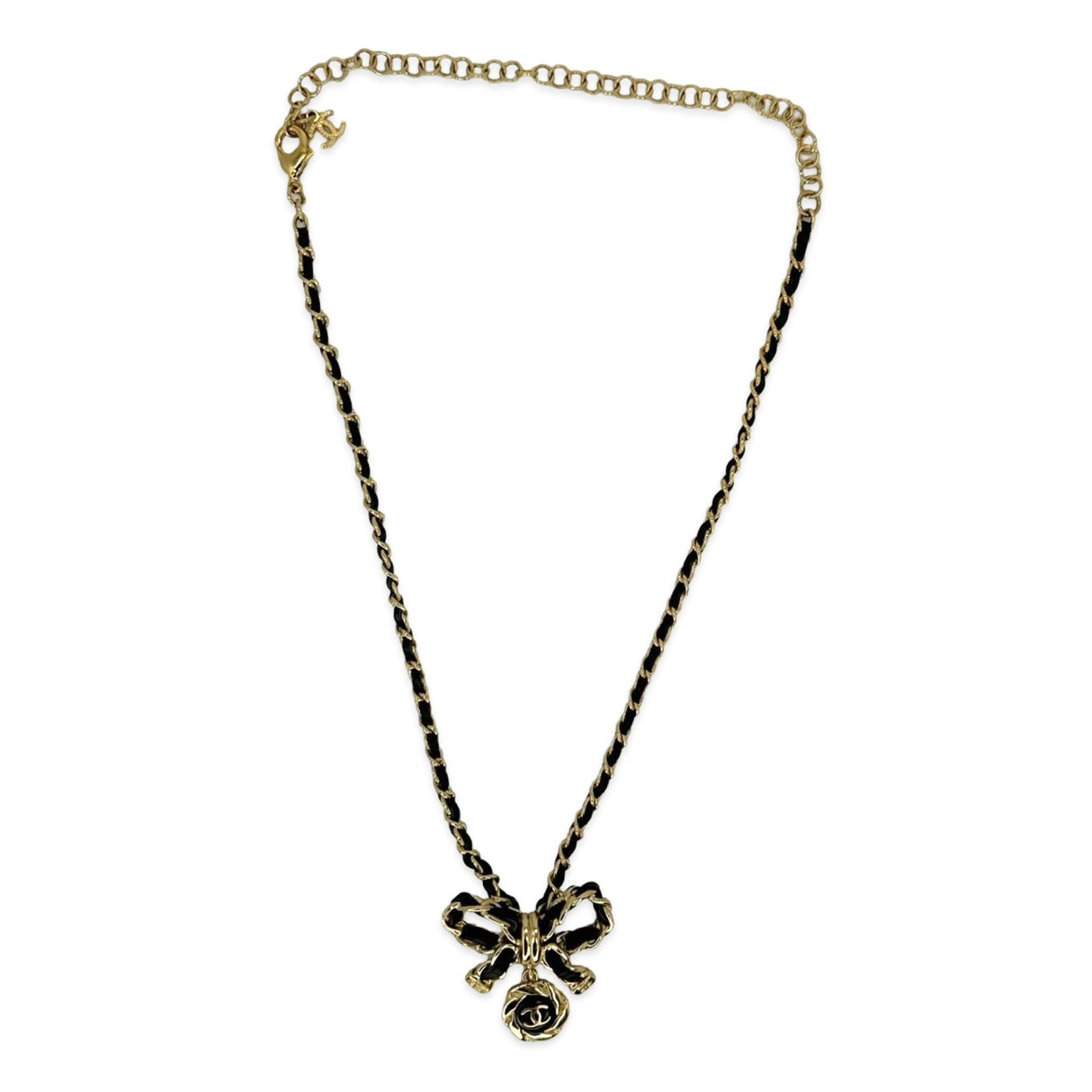 CHANEL: Leather Woven Chain Bow Necklace