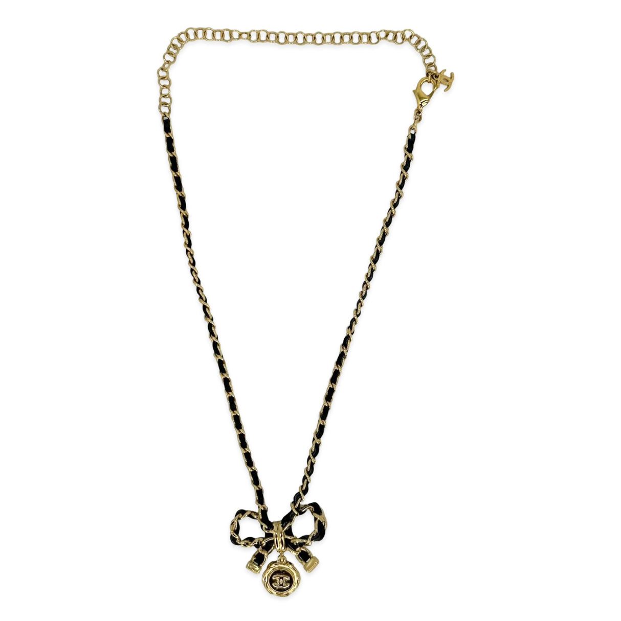 CHANEL: Leather Woven Chain Bow Necklace
