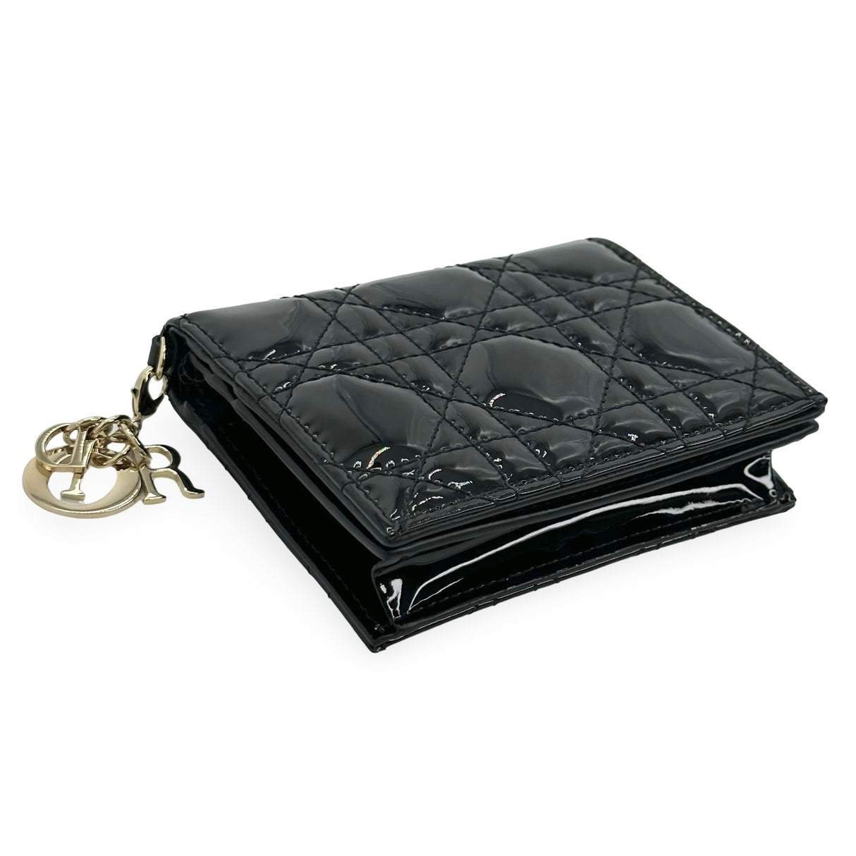 CHRISTIAN DIOR: Patent Cannage Mini Lady Dior Gardenia Wallet