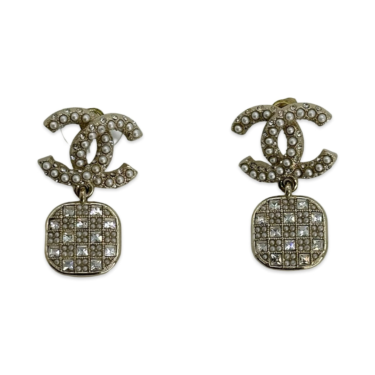 CHANEL: Crystal Pearl CC Square Drop Earrings