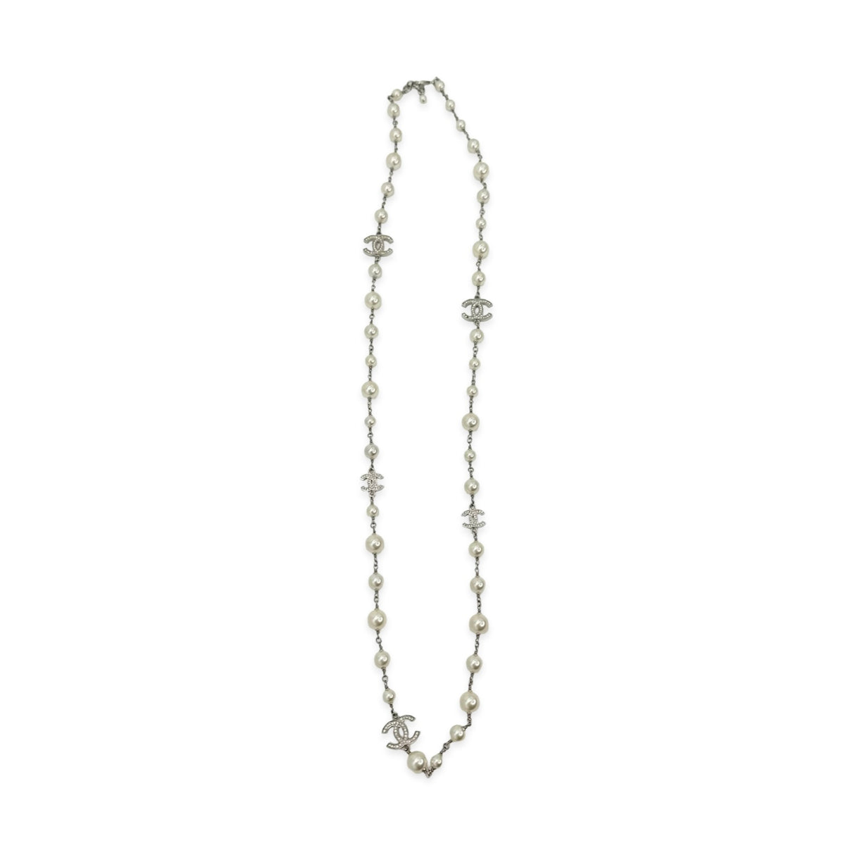 CC Crystal Long Pearl Beaded Necklace