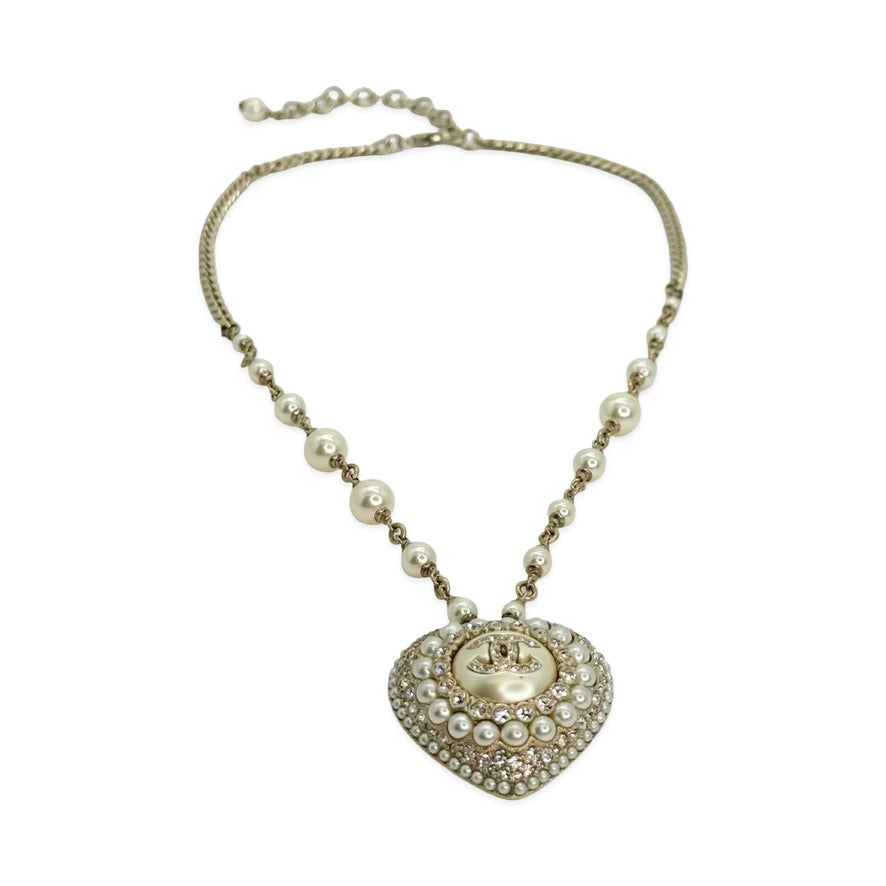 CHANEL: Crystal Pearl CC Heart Chain Necklace