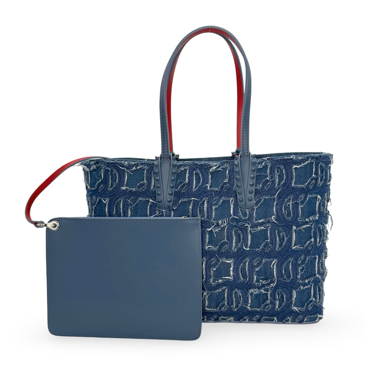 CHRISTIAN LOUBOUTIN: Denim Embroidered Spiked Cabata Tote