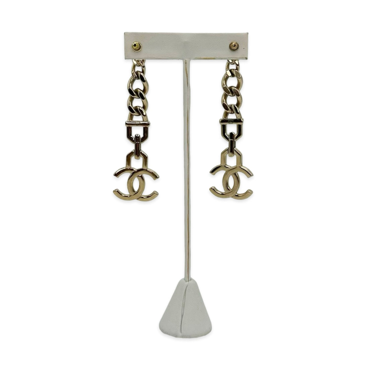 CHANEL: CC Crystal Pearl Chain Drop Earrings