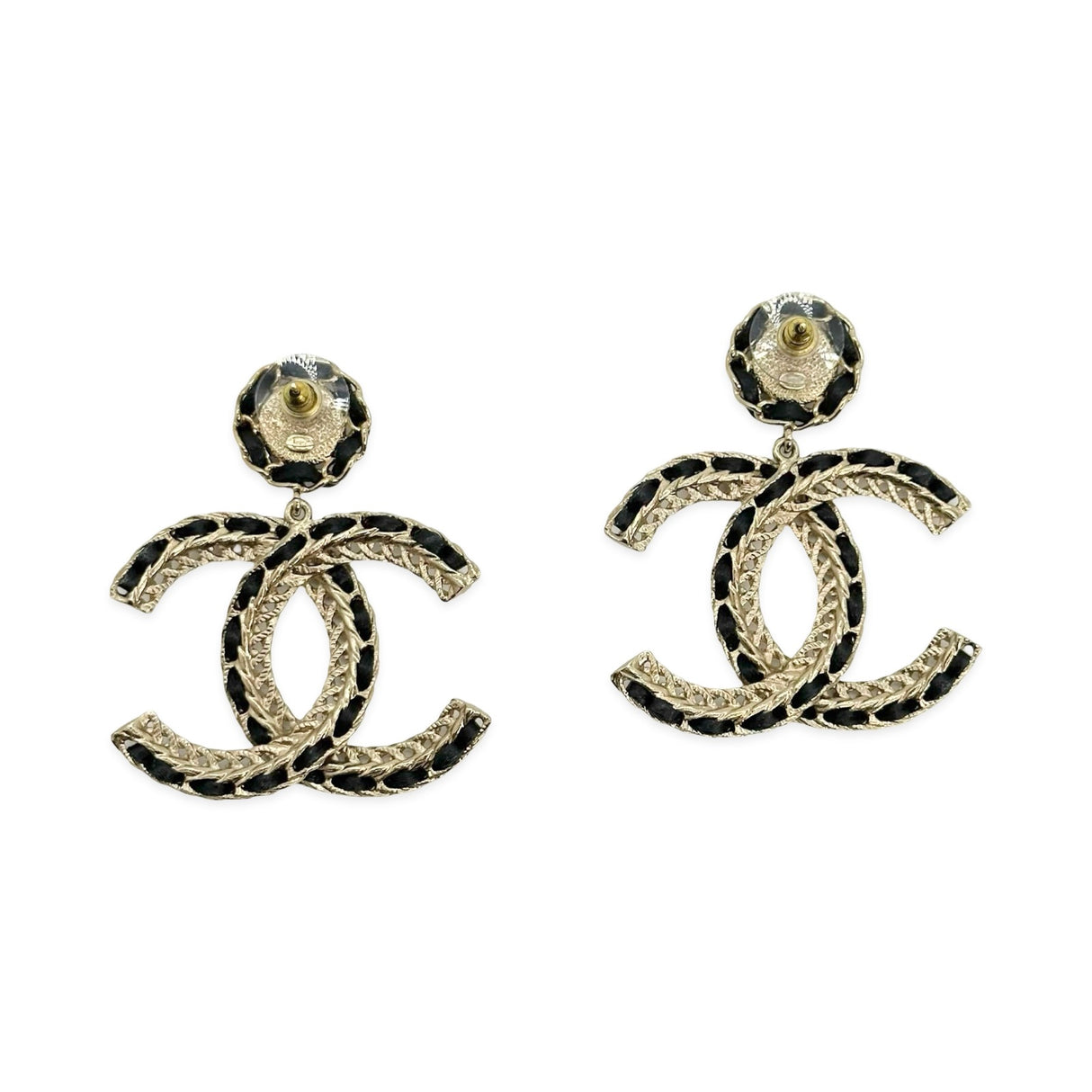 CHANEL: CC Chain Leather Button Drop Earrings