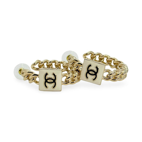 CHANEL: CC Enamel Chain Hoop Earrings
