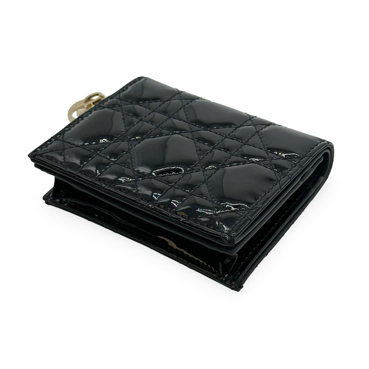 CHRISTIAN DIOR: Patent Cannage Mini Lady Dior Gardenia Wallet
