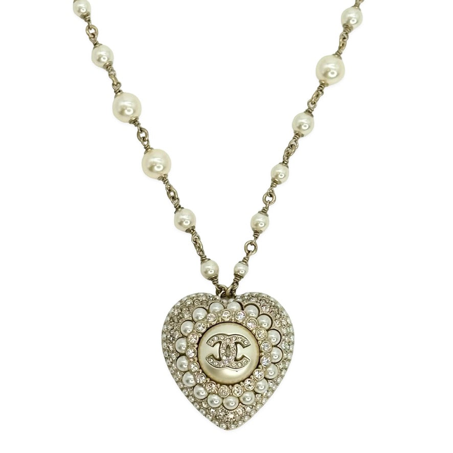 CHANEL: Crystal Pearl CC Heart Chain Necklace