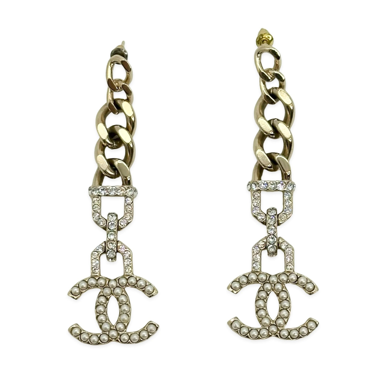 CHANEL: CC Crystal Pearl Chain Drop Earrings