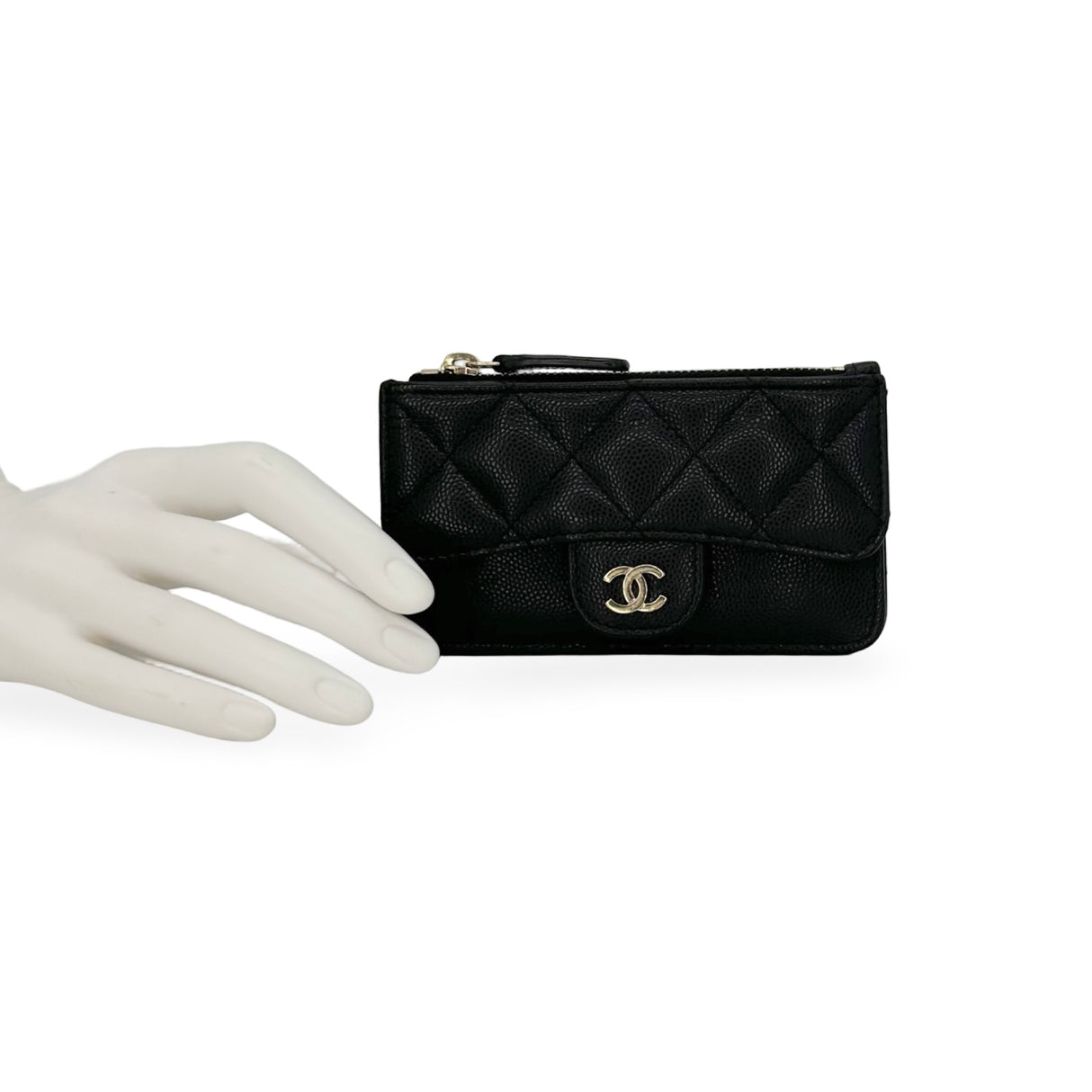 CHANEL: Quilted Caviar Flap Zip Card Holder