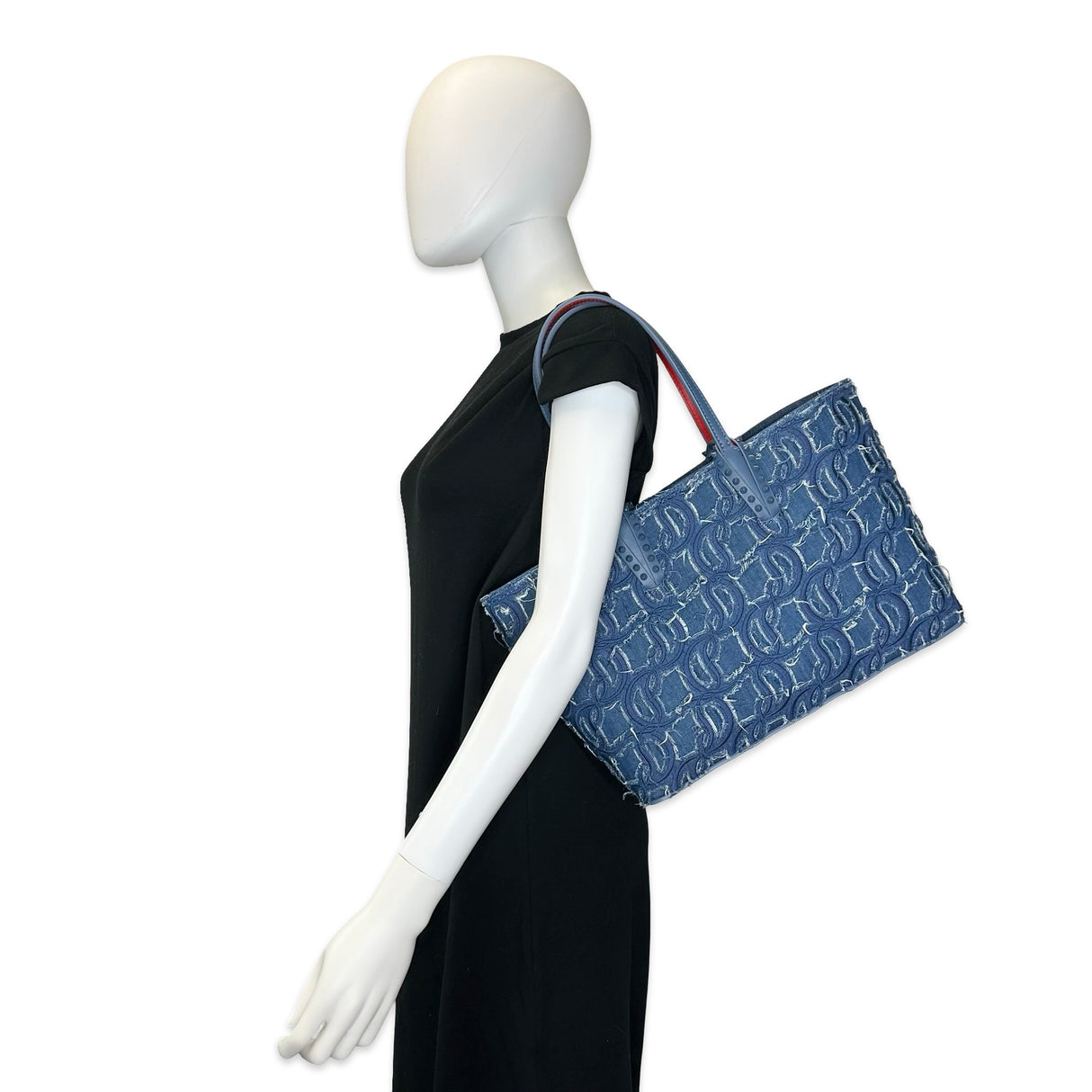 CHRISTIAN LOUBOUTIN: Denim Embroidered Spiked Cabata Tote
