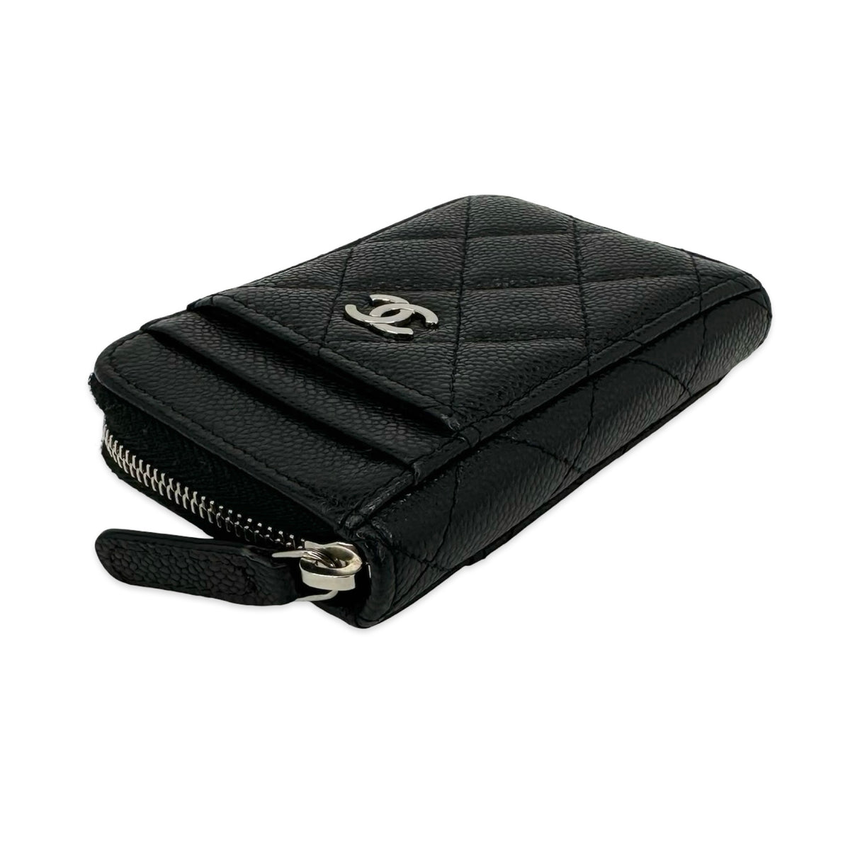 CHANEL: Quilted Caviar Vertical Zip Card Holder Wallet