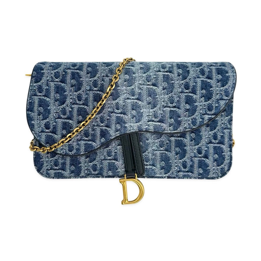 Oblique Denim Saddle Pouch with Chain