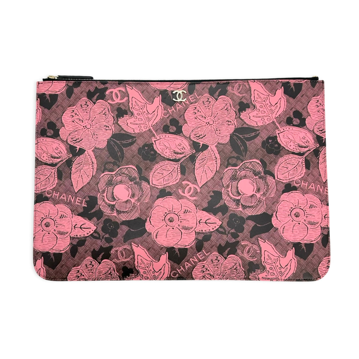 CHANEL: Printed Lambskin Floral Large Zip Pouch