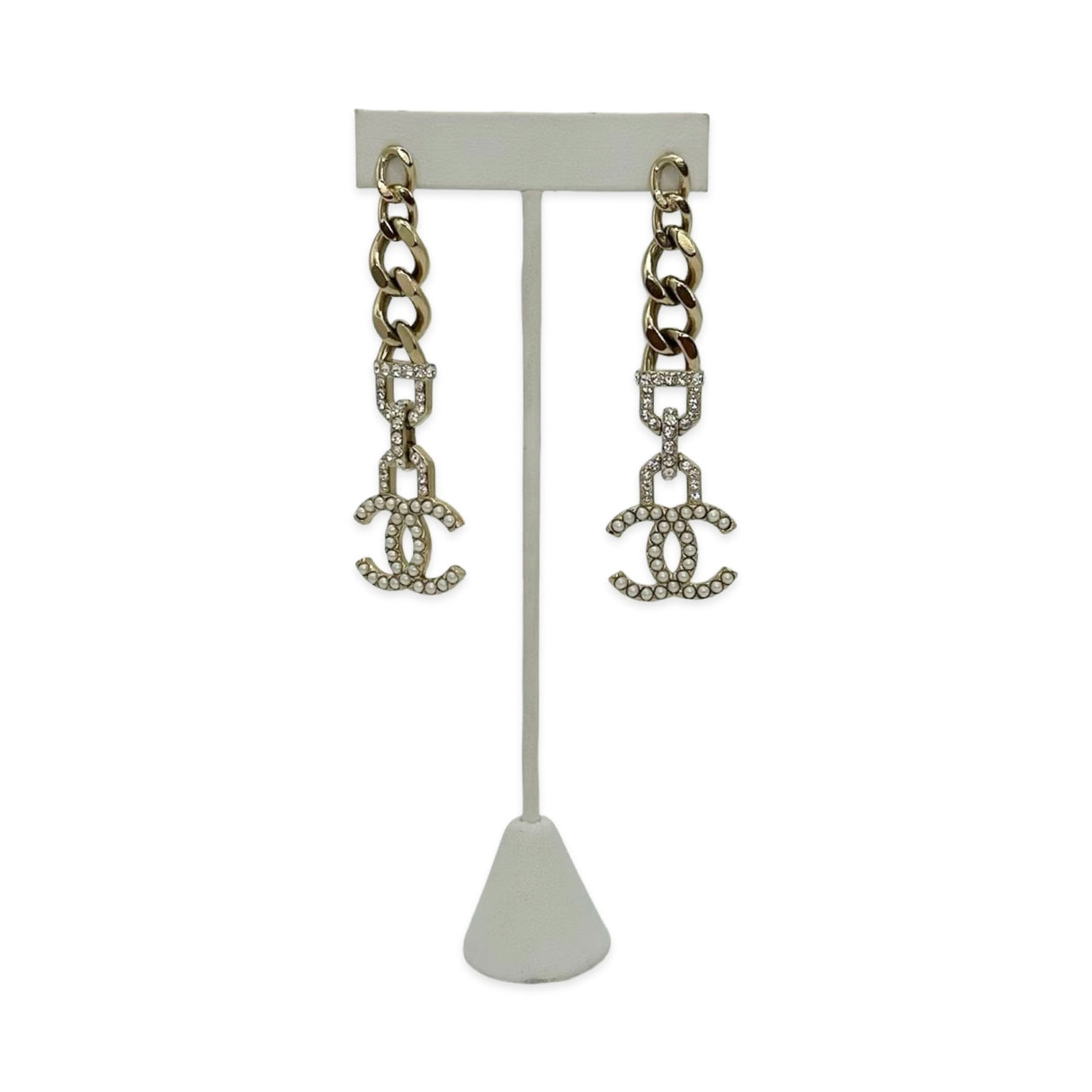CHANEL: CC Crystal Pearl Chain Drop Earrings