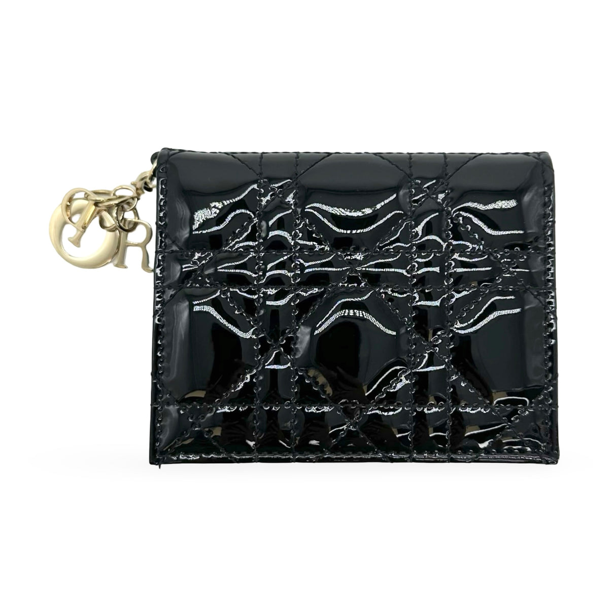 CHRISTIAN DIOR: Patent Cannage Mini Lady Dior Gardenia Wallet