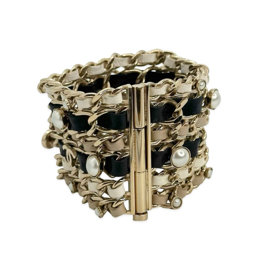 CHANEL: Leather Woven Chain and Pearl Bracelet