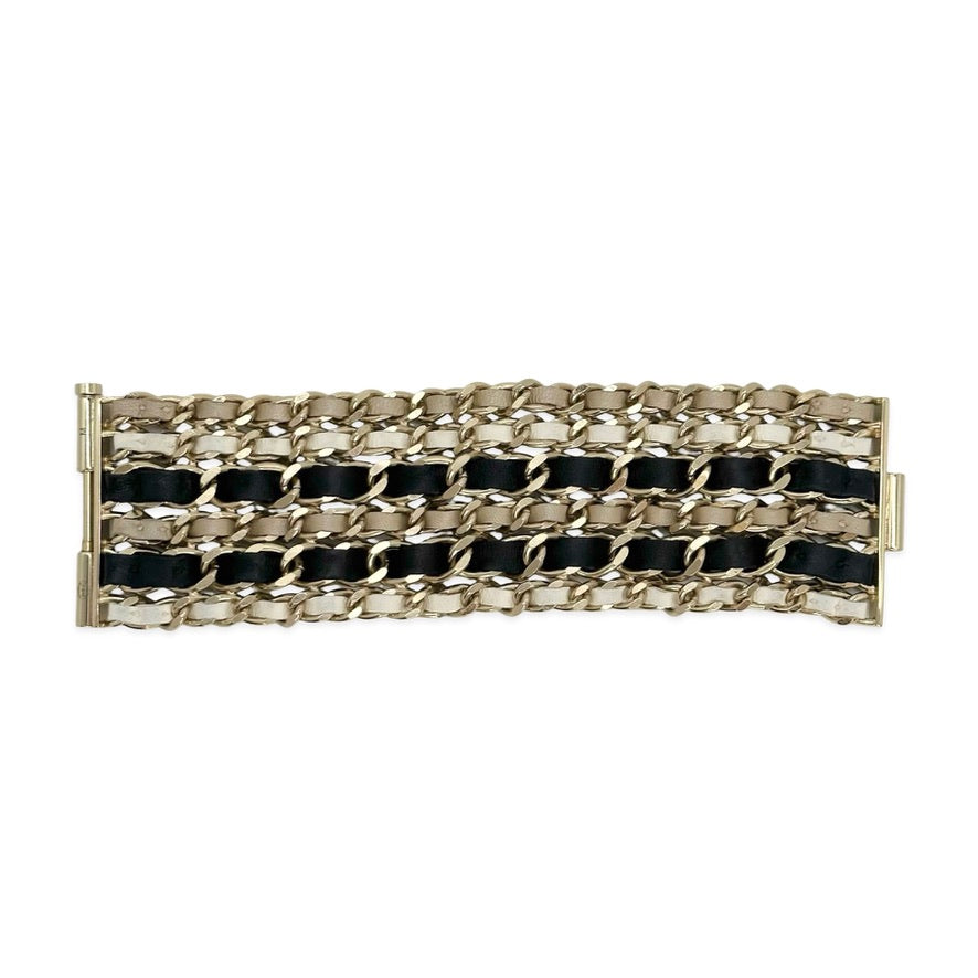 CHANEL: Leather Woven Chain and Pearl Bracelet