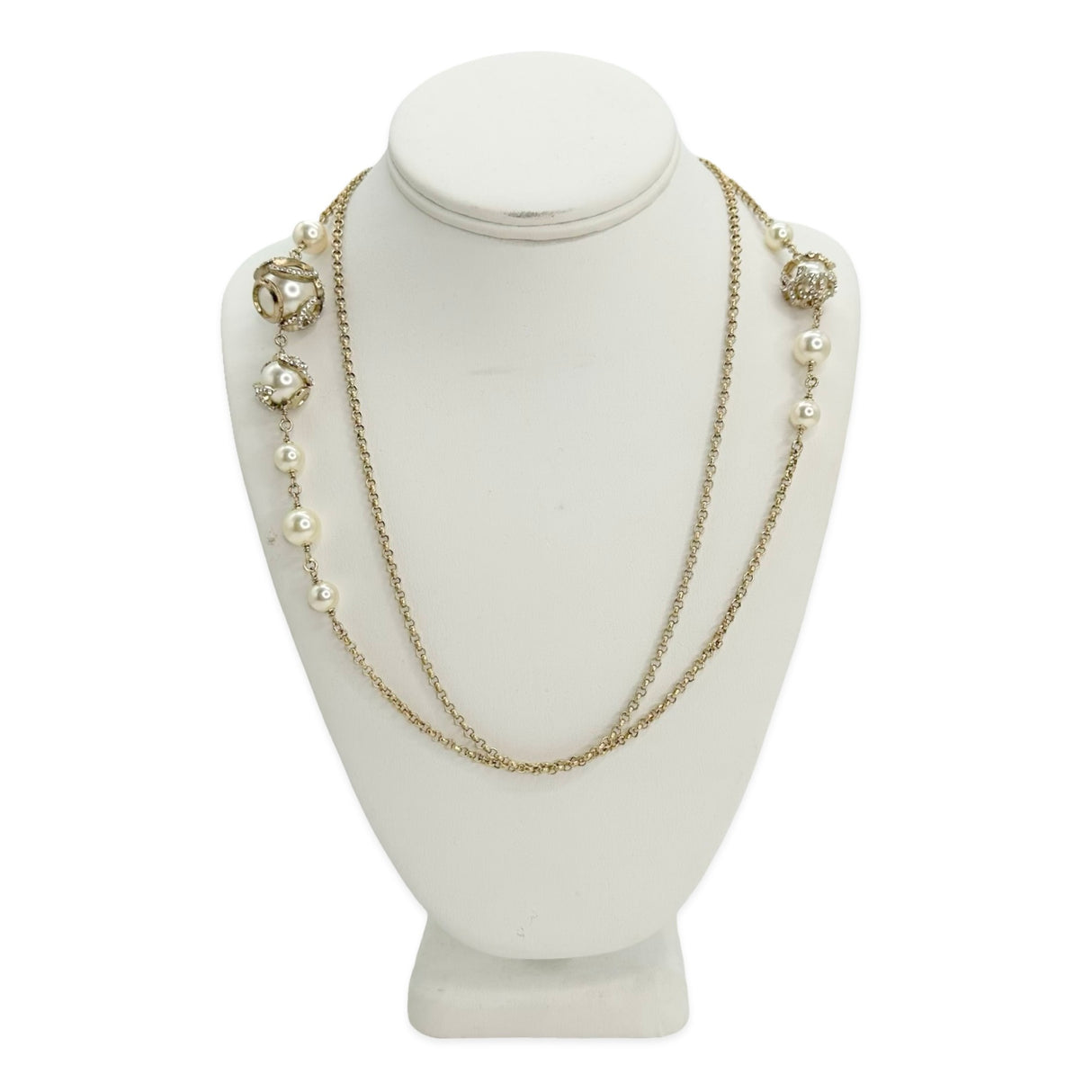 CHANEL: Crystal Pearl CC Long Chain Necklace