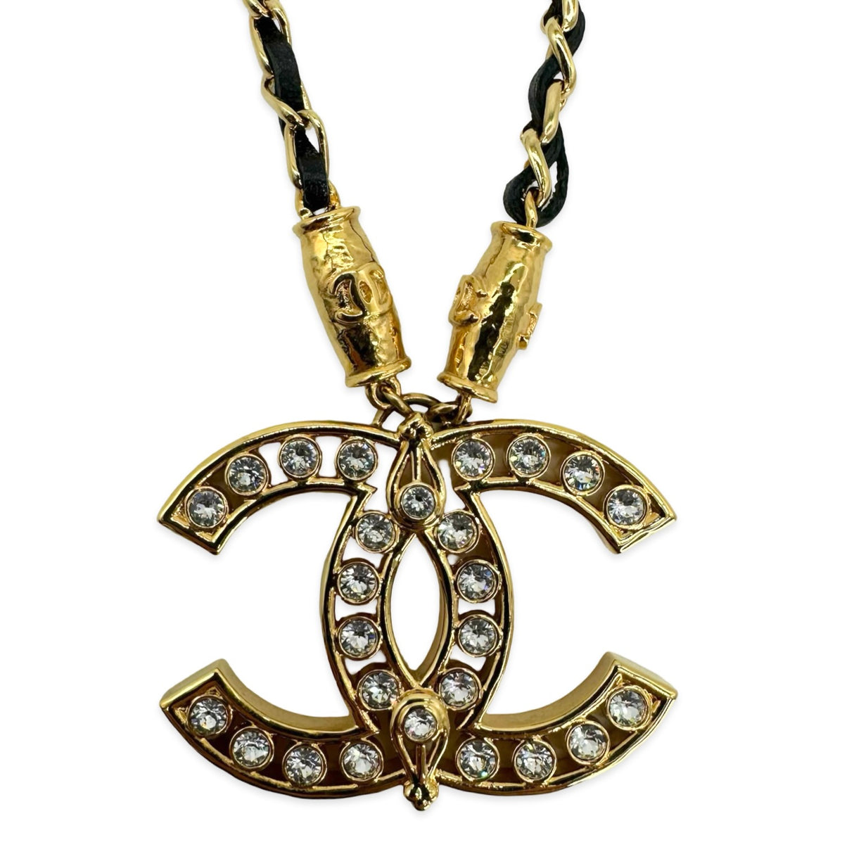 Crystal CC Pendant Woven Leather Chain Necklace