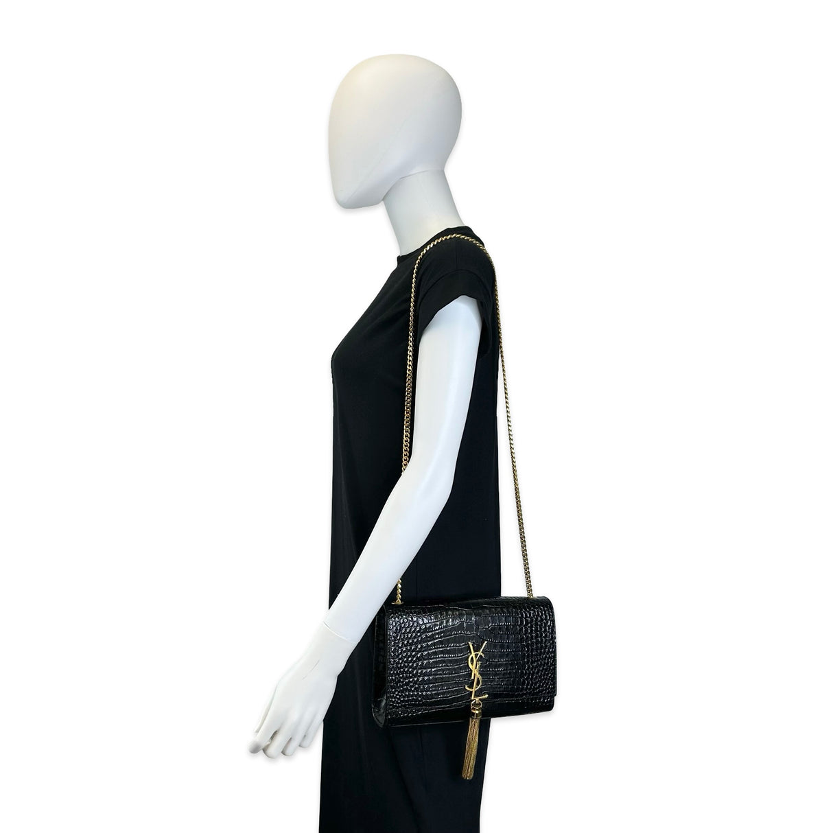 SAINT LAURENT: Croc Embossed Medium Tassel Kate Bag