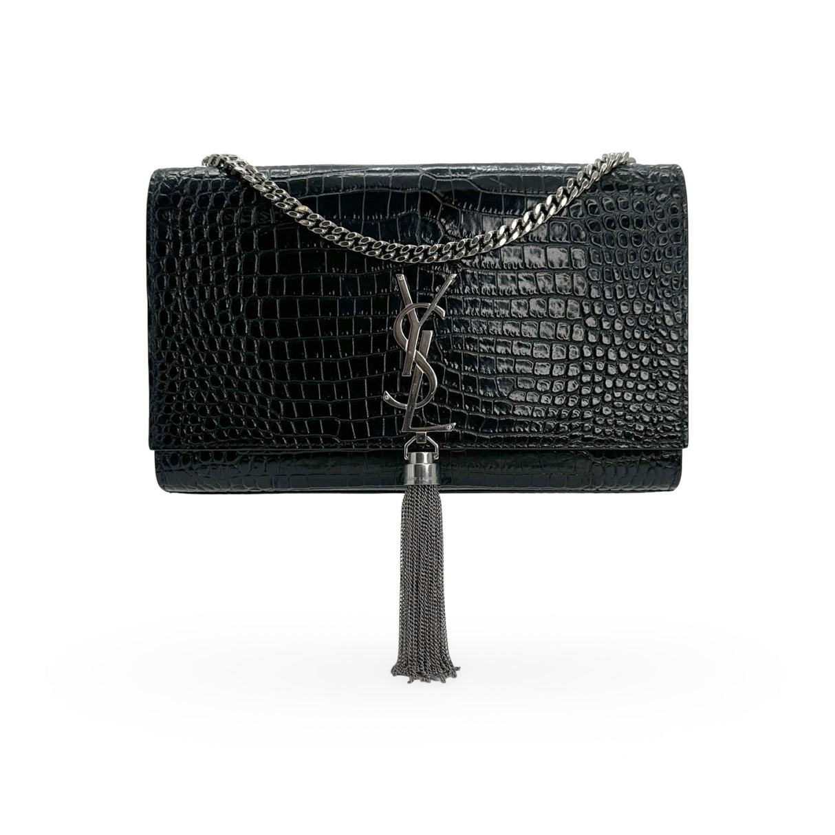 SAINT LAURENT: Croc Embossed Medium Kate Tassel Bag