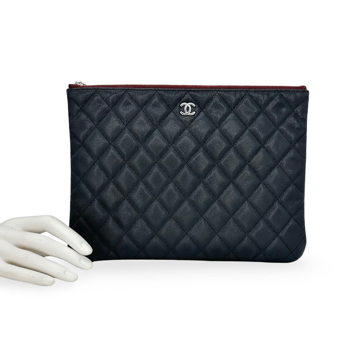 CHANEL: Quilted Caviar Large O Case Zip Pouch