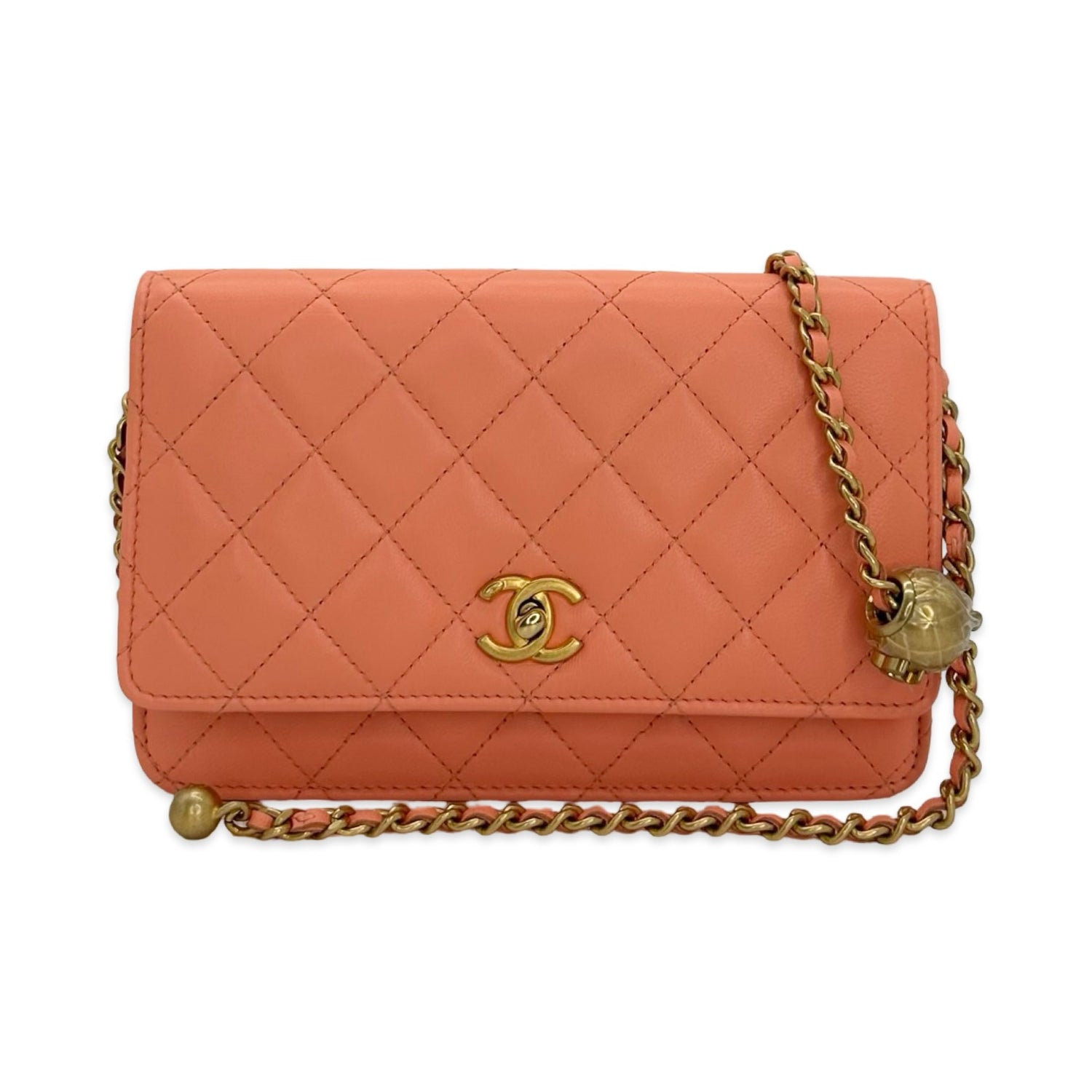 Quilted Lambskin CC Twist Lock Pearl Crush Wallet on a Chain
