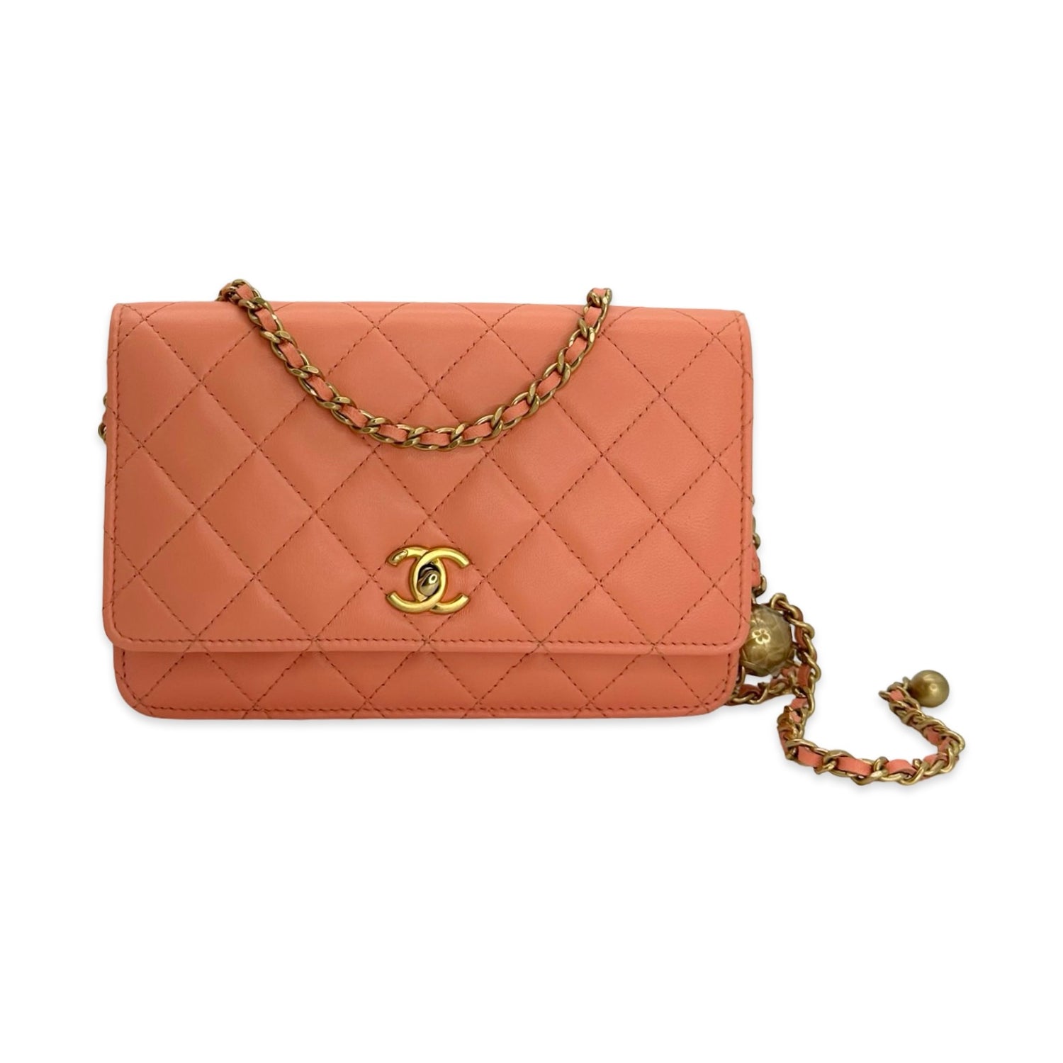 Quilted Lambskin CC Twist Lock Pearl Crush Wallet on a Chain
