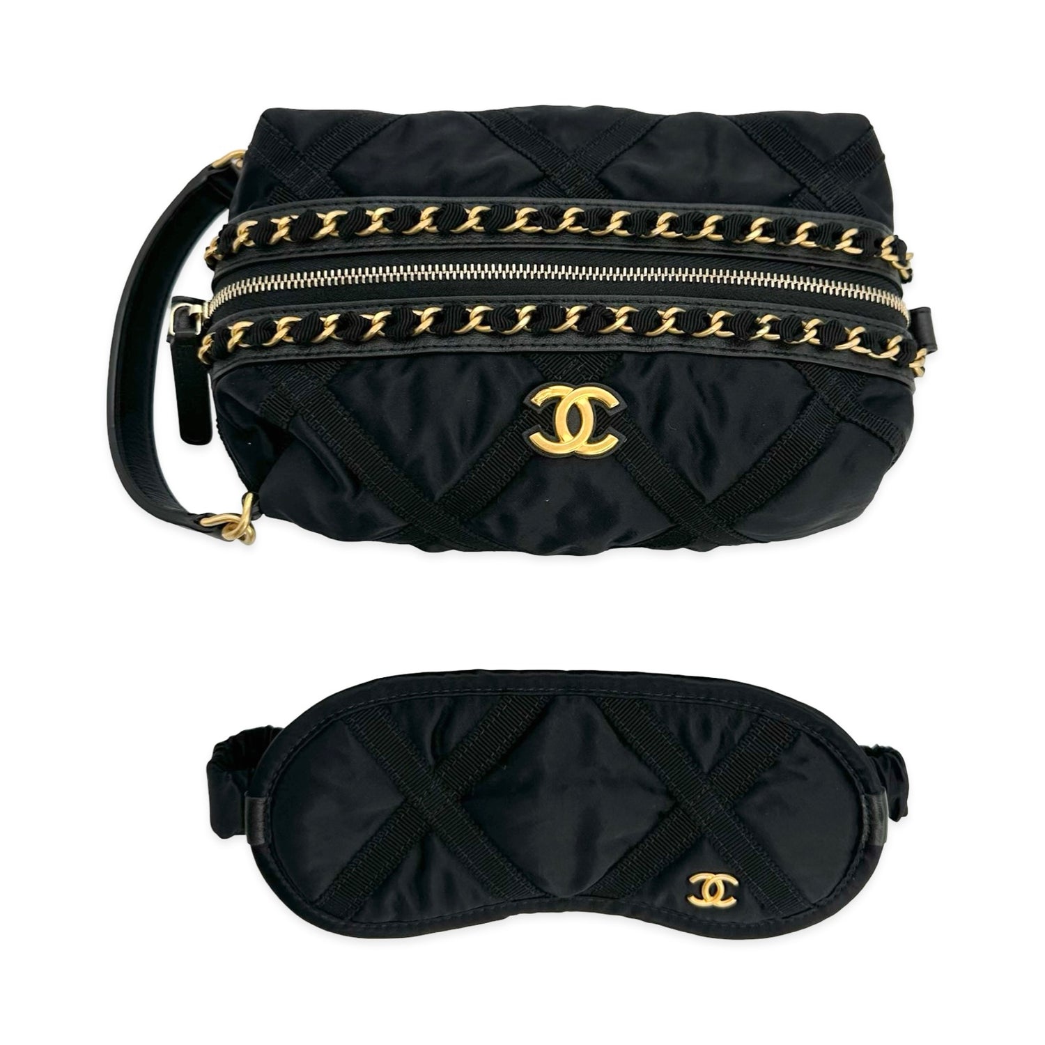 Quilted Satin Nylon Cosmetic Pouch with Sleeping Mask