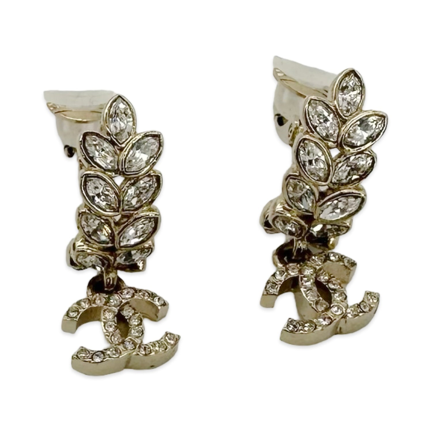 Crystal Leaf CC Dangle Clip On Earrings