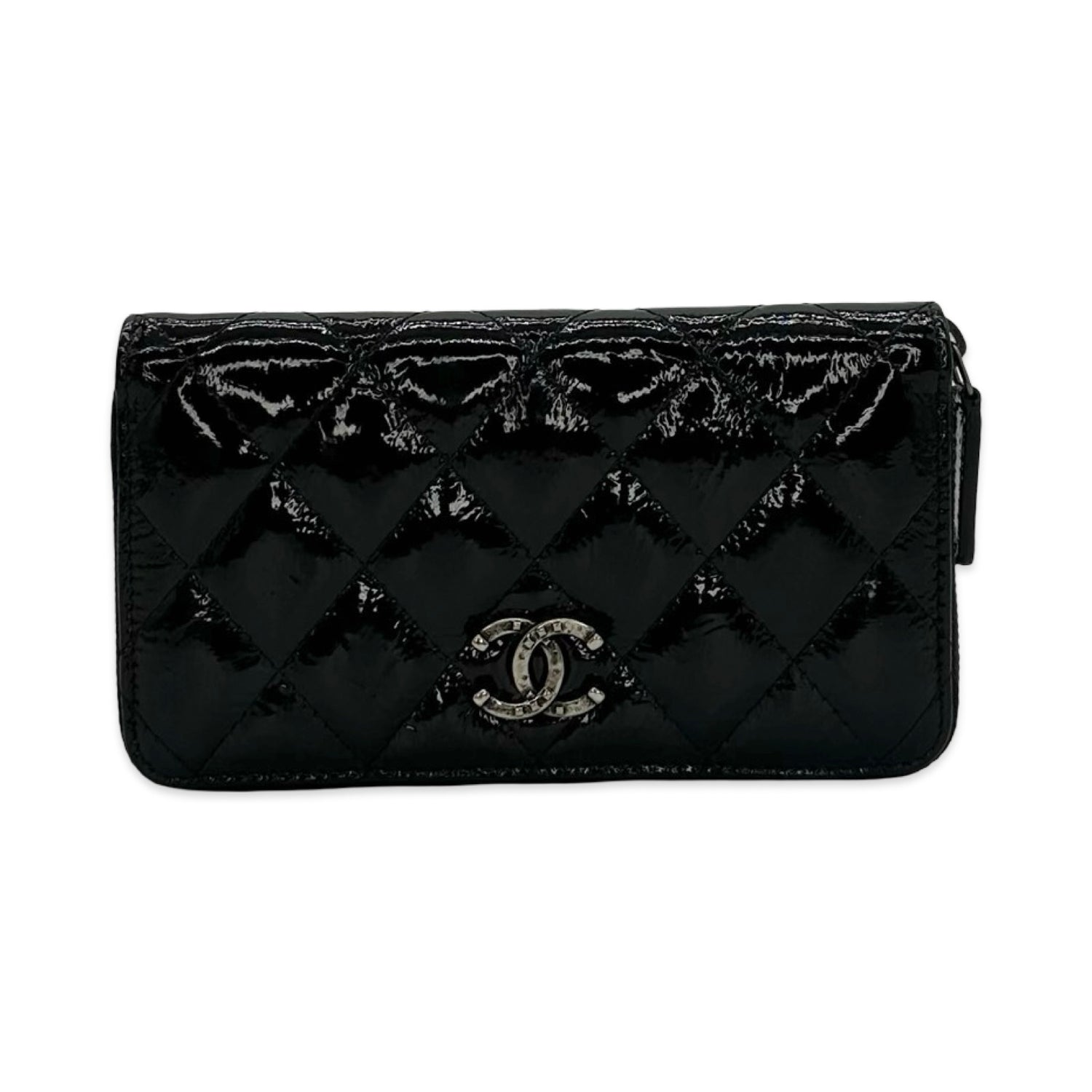 Chanel Quilted Patent Leather Zip Long Wallet