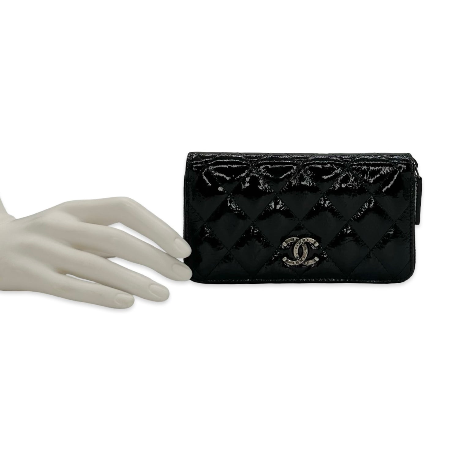Chanel Quilted Patent Leather Zip Long Wallet