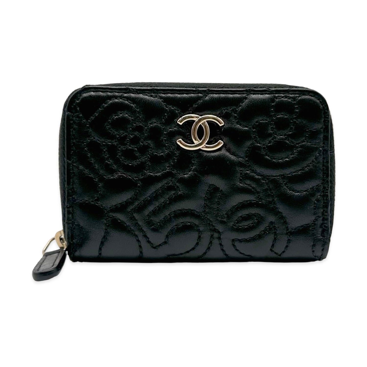 Chanel Quilted Camellia Leather Zip Card Holder