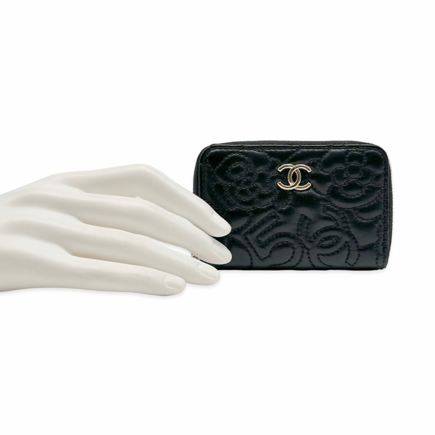 Chanel Quilted Camellia Leather Zip Card Holder
