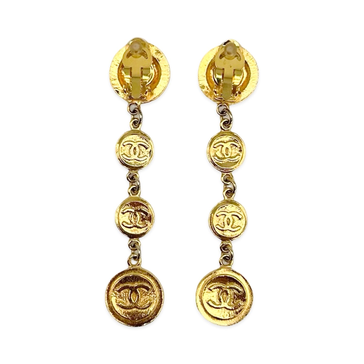Chanel Medallion Dangle Drop Clip On Earrings