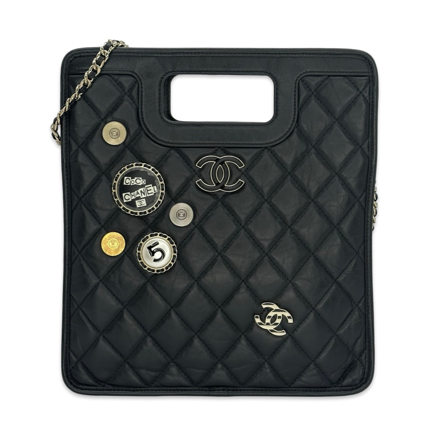 Chanel Quilted Aged Calfskin Graphic Catch Charms Small Shopping Tote