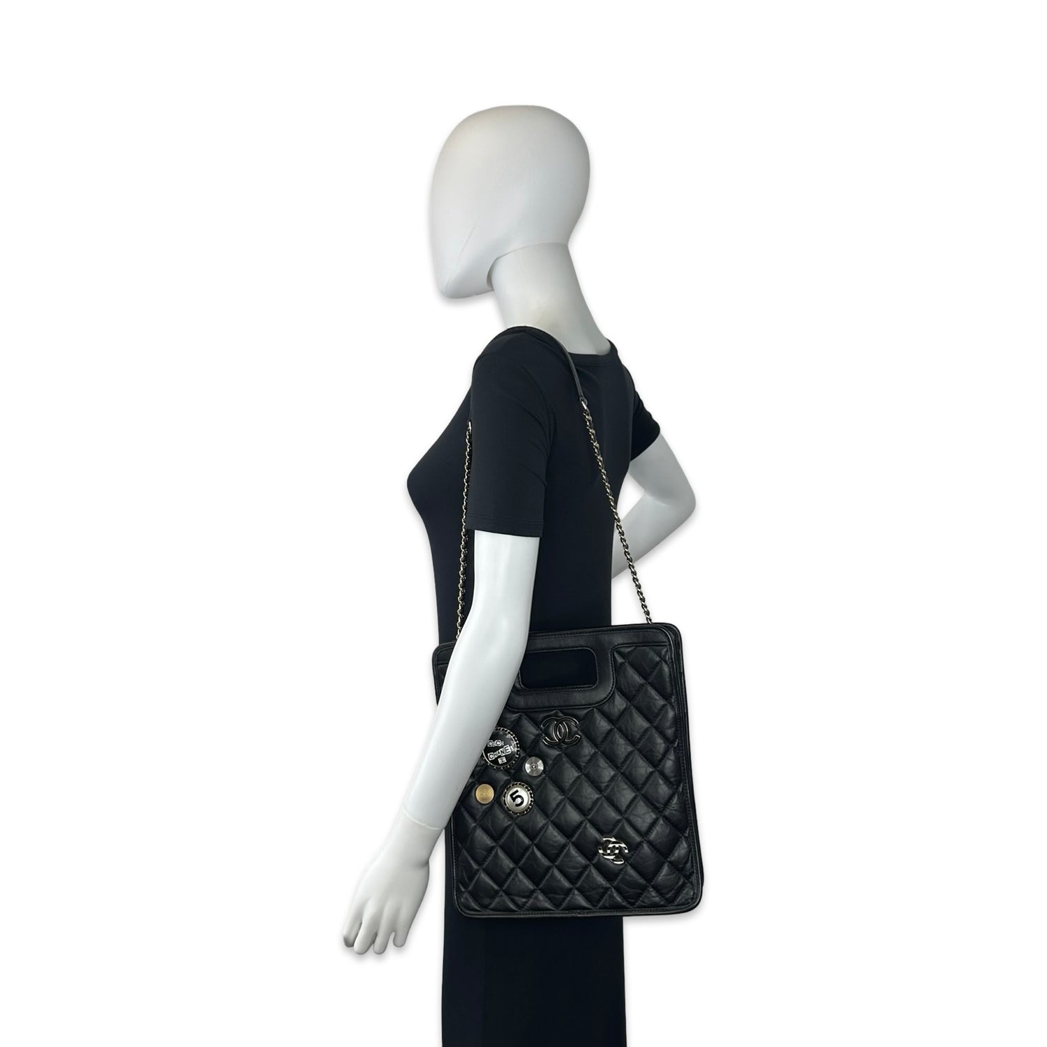Chanel Quilted Aged Calfskin Graphic Catch Charms Small Shopping Tote