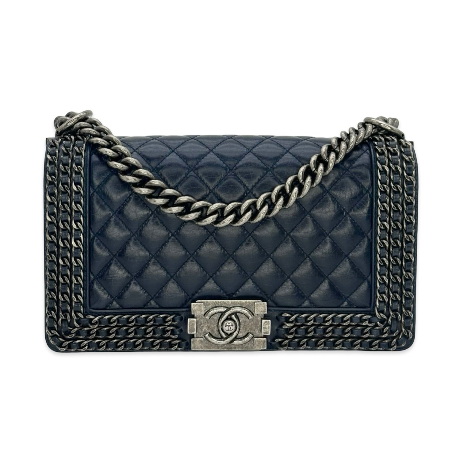 Chanel Quilted Aged Calfskin Chain Around 3 Chain Medium Boy Bag