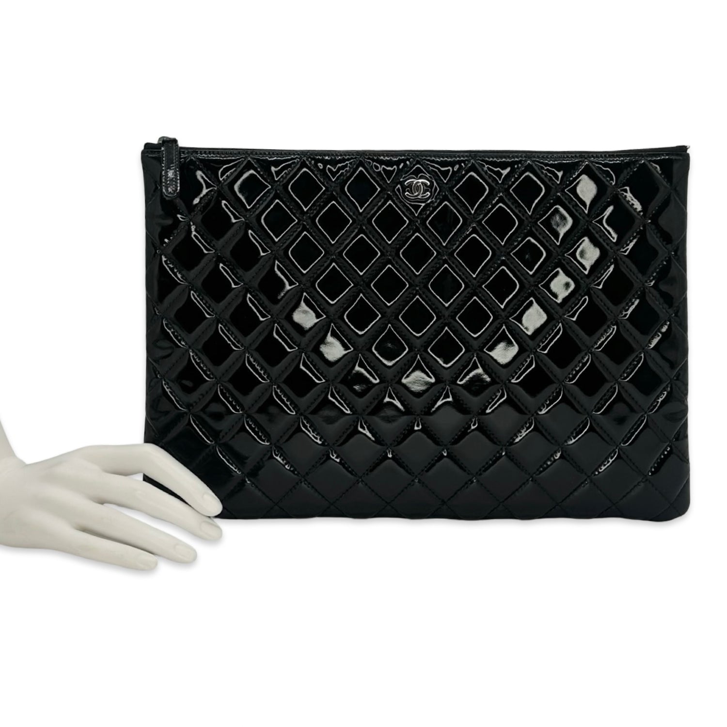 Chanel Quilted Patent Leather Large Zip O Case Pouch