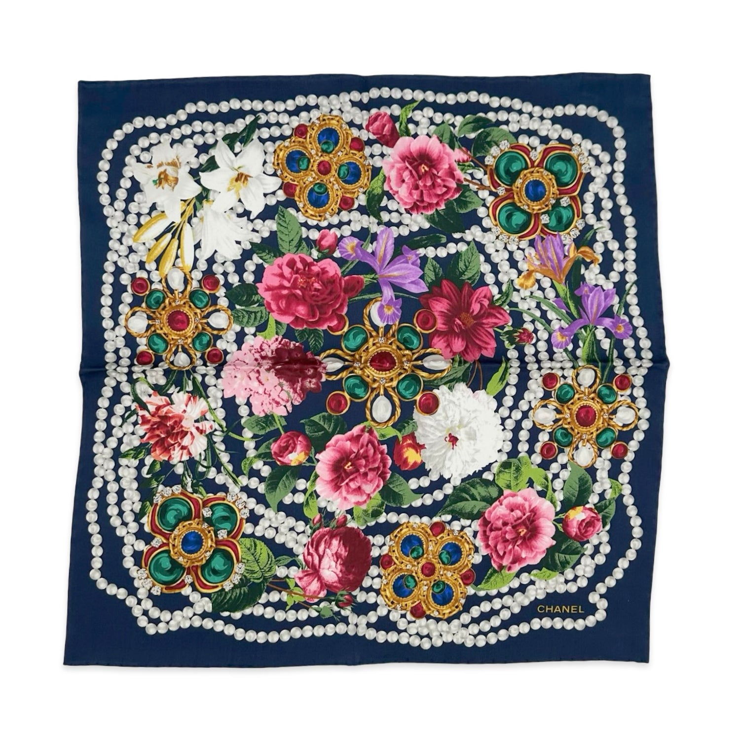 Chanel Silk Floral Jewels Square Handkerchief Scarf