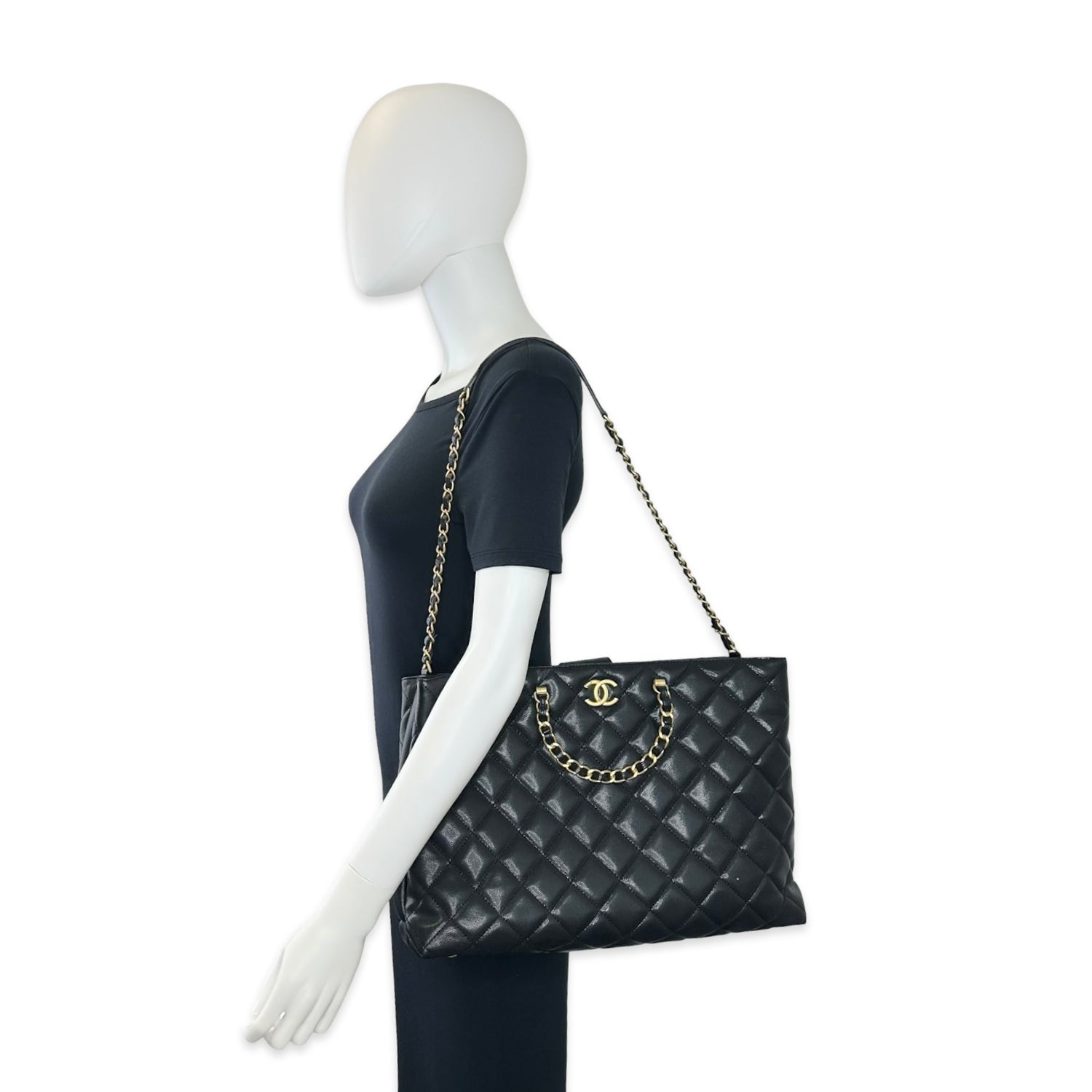 Quilted Caviar Braided Chain Handle Shopping Tote