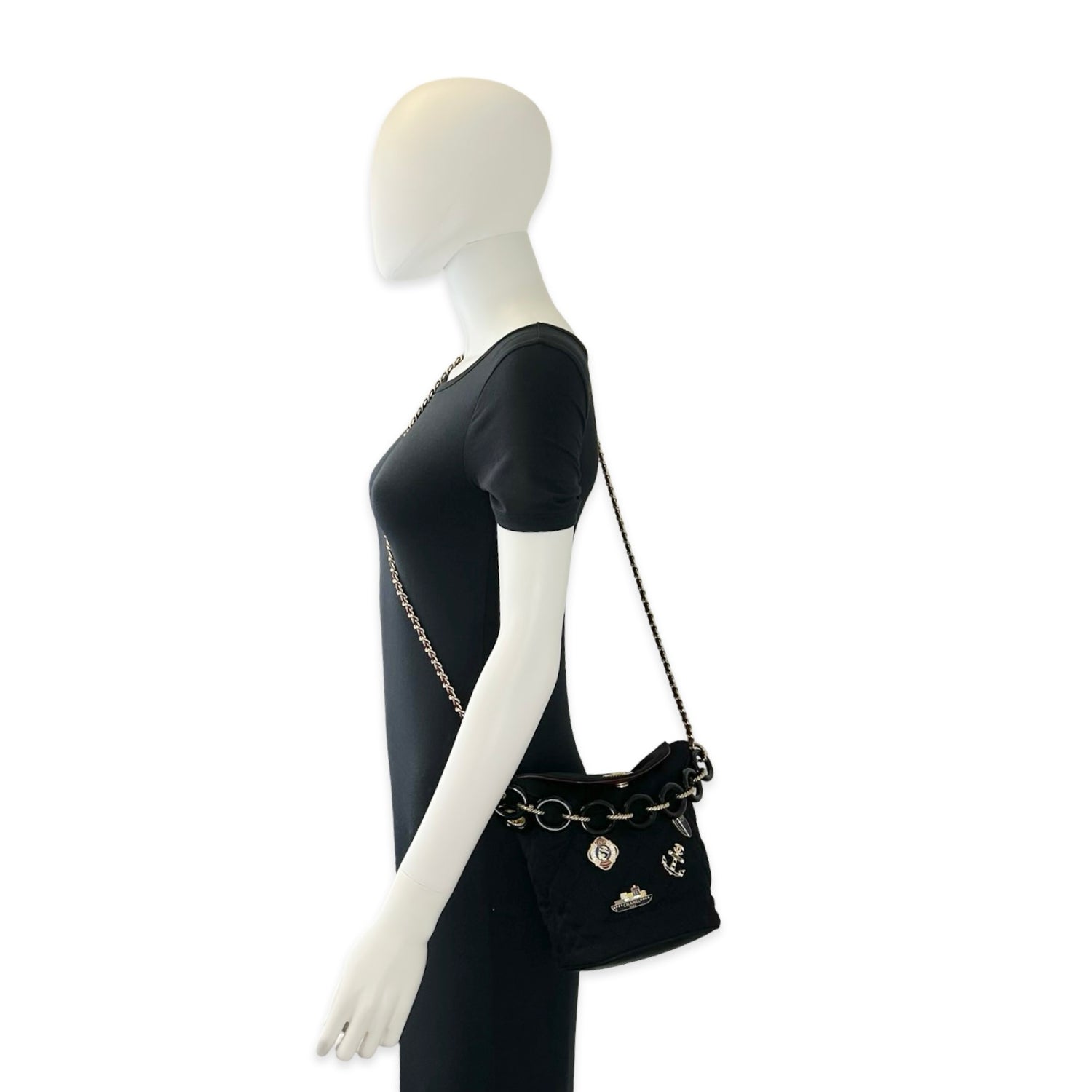 Quilted Tweed Nautical Charms Chain Flap Bucket Bag